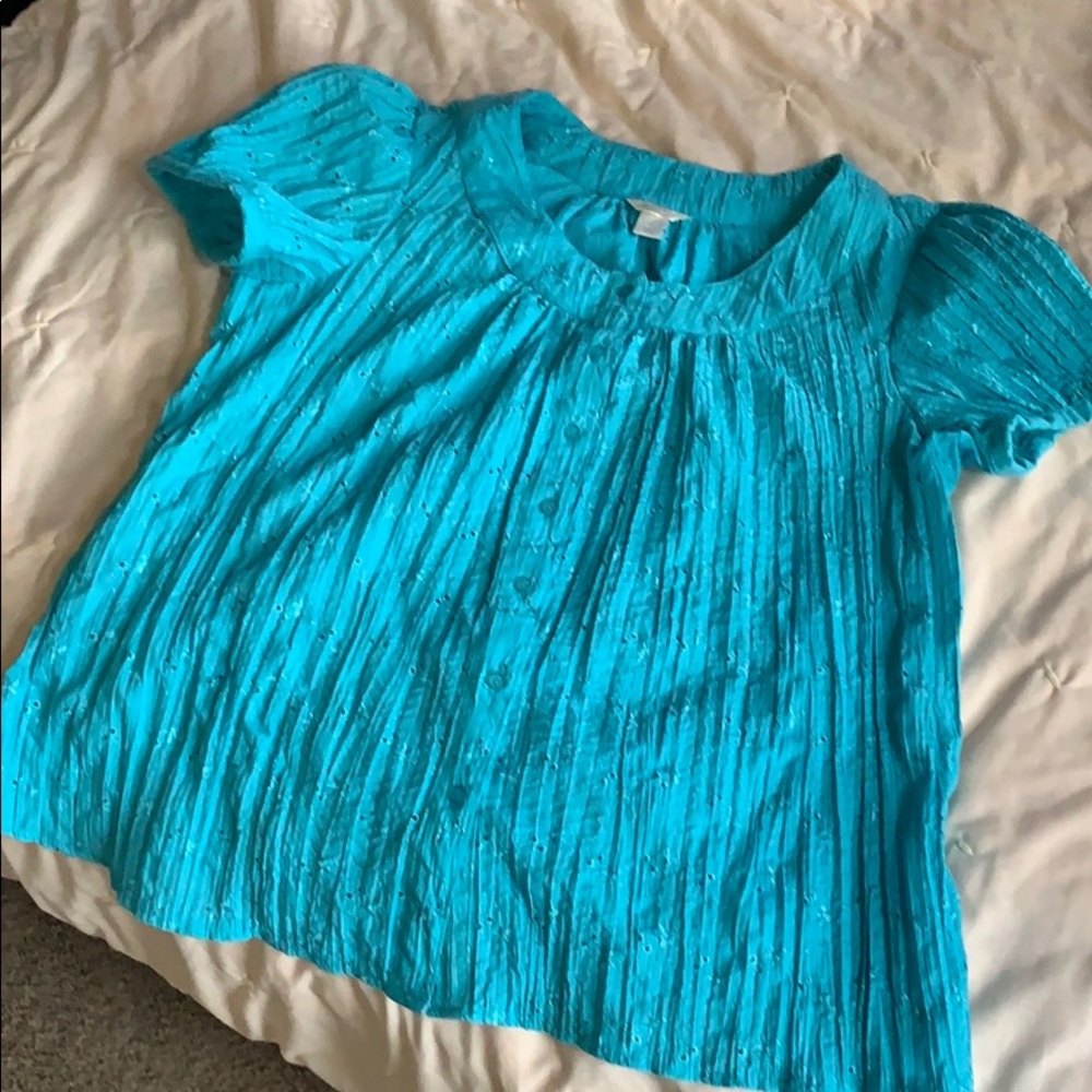 Turquoise eyelet button up blouse  puffy sleeve